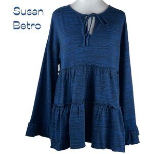 Susan Betro Blue Black Ruffled Top NWT Size M